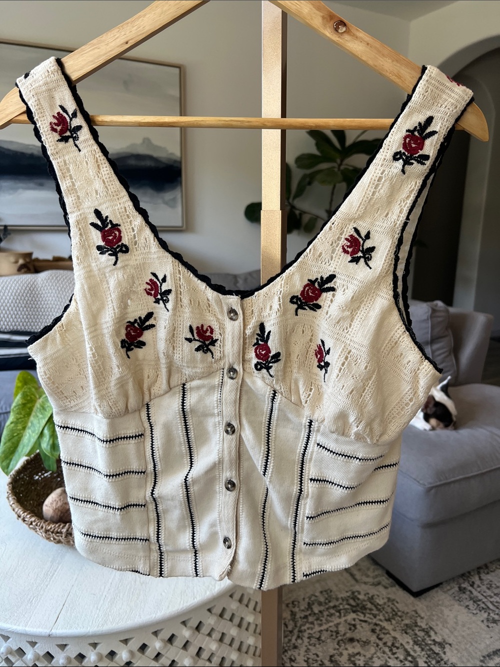 Free People Cream Cropped Tank with Red Rose Embroidery